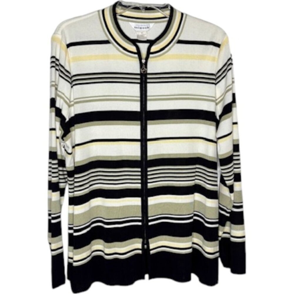 Exclusively Misook Zip Front Knit Cardigan - Black/White/Gray/Yellow - XL